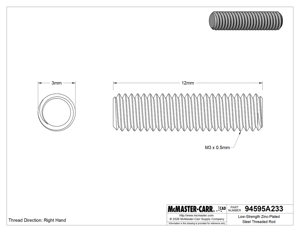 Technical Drawing of Low-Strength Zinc-Plated Steel Threaded Rod, M3 x 0.5 mm Thread Size, 12 mm Long.